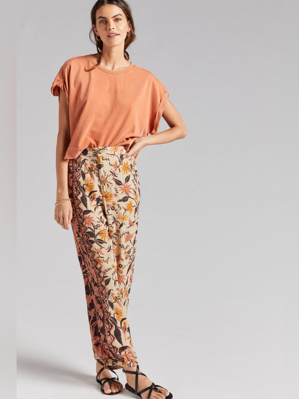Anthropologie Floral Cream & Peach Print Joggers